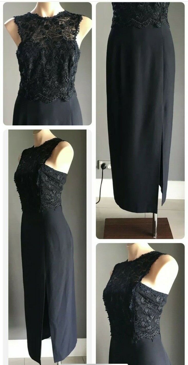 ANTHEA CRAWFORD Evening Dress Navy Blue Lace Bodice Side Slit Long Sz 12 Vintage