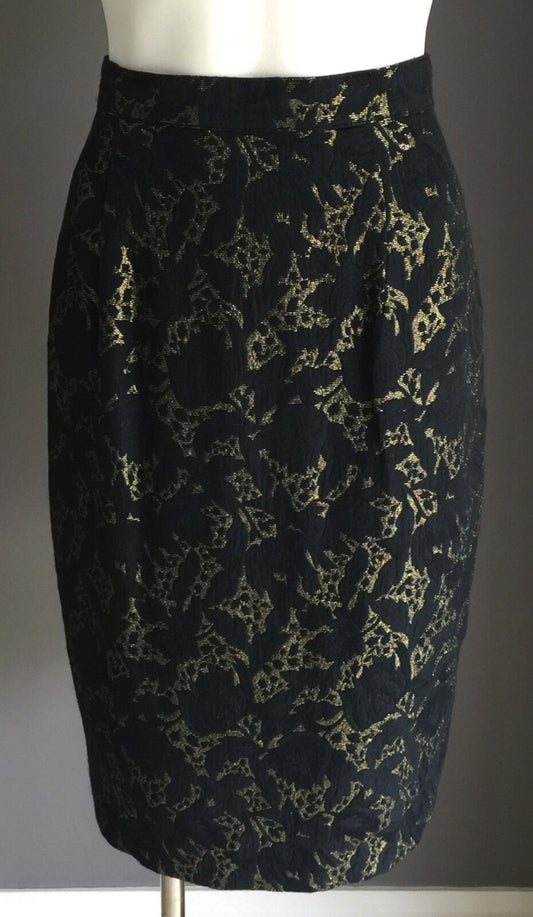 ANTHEA CRAWFORD Skirt Ink Blue & Gold Brocade Straight Pencil Size 8 Vintage