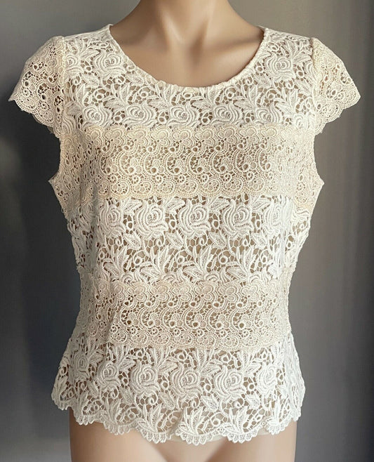 ANTHEA CRAWFORD Top Ivory & Cream Lace Cap Sleeve Blouse Size 12 Vintage Retro