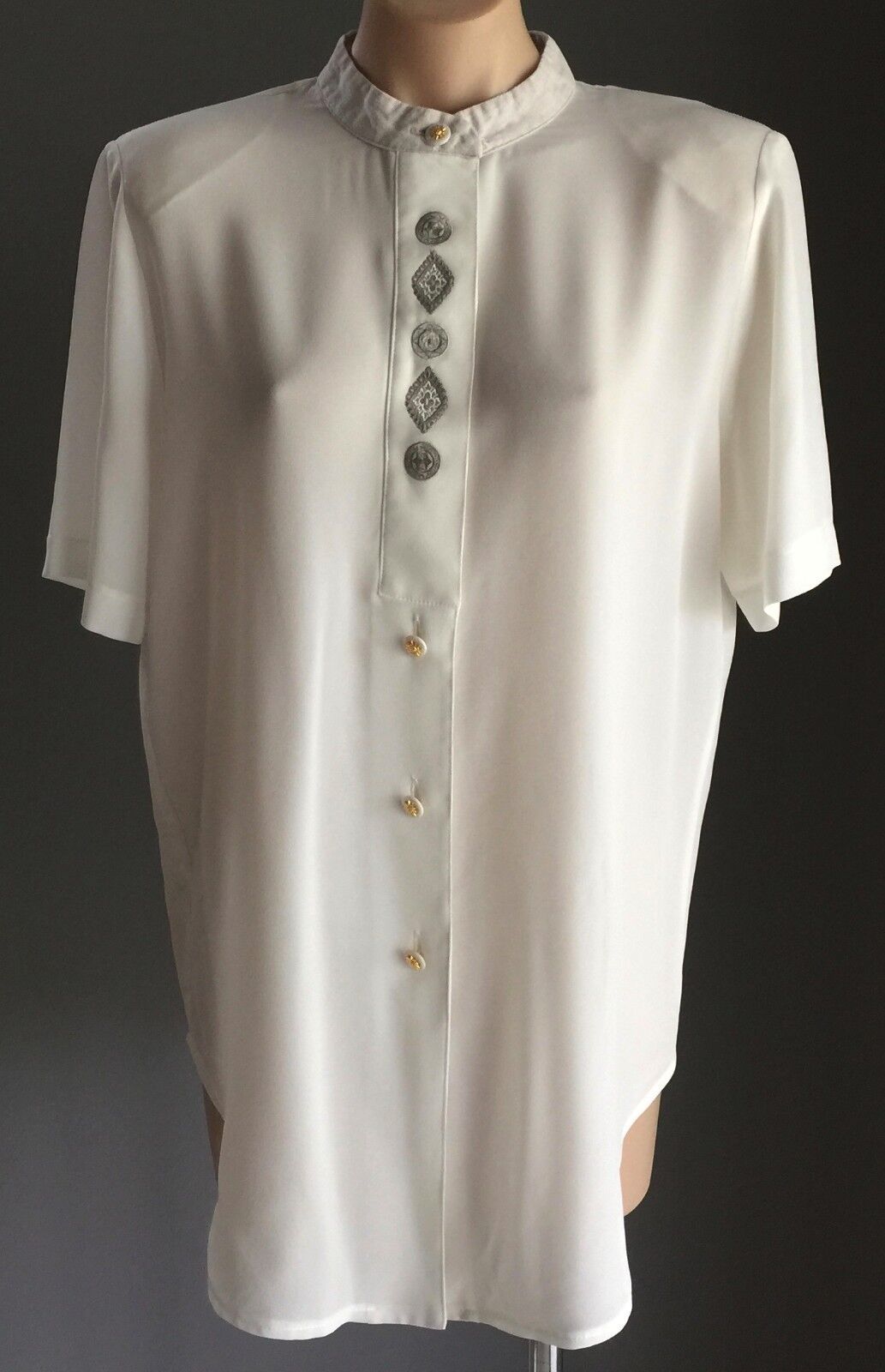 ANTHEA CRAWFORD Blouse Mandarin Collar Ivory Short Sleeve Shirt Size 10 12 1990s