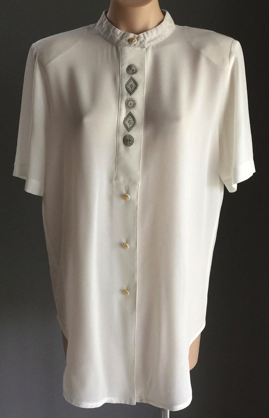 ANTHEA CRAWFORD Blouse Mandarin Collar Ivory Short Sleeve Shirt Size 10 12 1990s