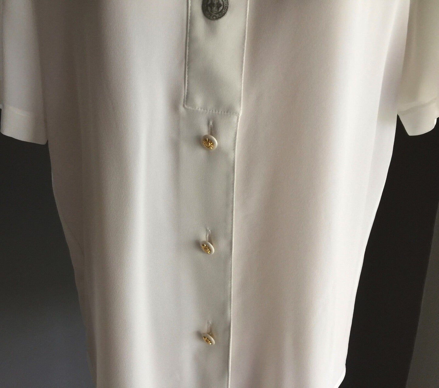 ANTHEA CRAWFORD Blouse Mandarin Collar Ivory Short Sleeve Shirt Size 10 12 1990s