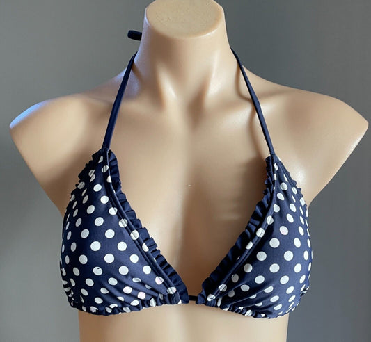 ALL ABOUT EVE Bikini Top Navy White Polka Dot Ruffle Triangle BRA ONLY Sz 12