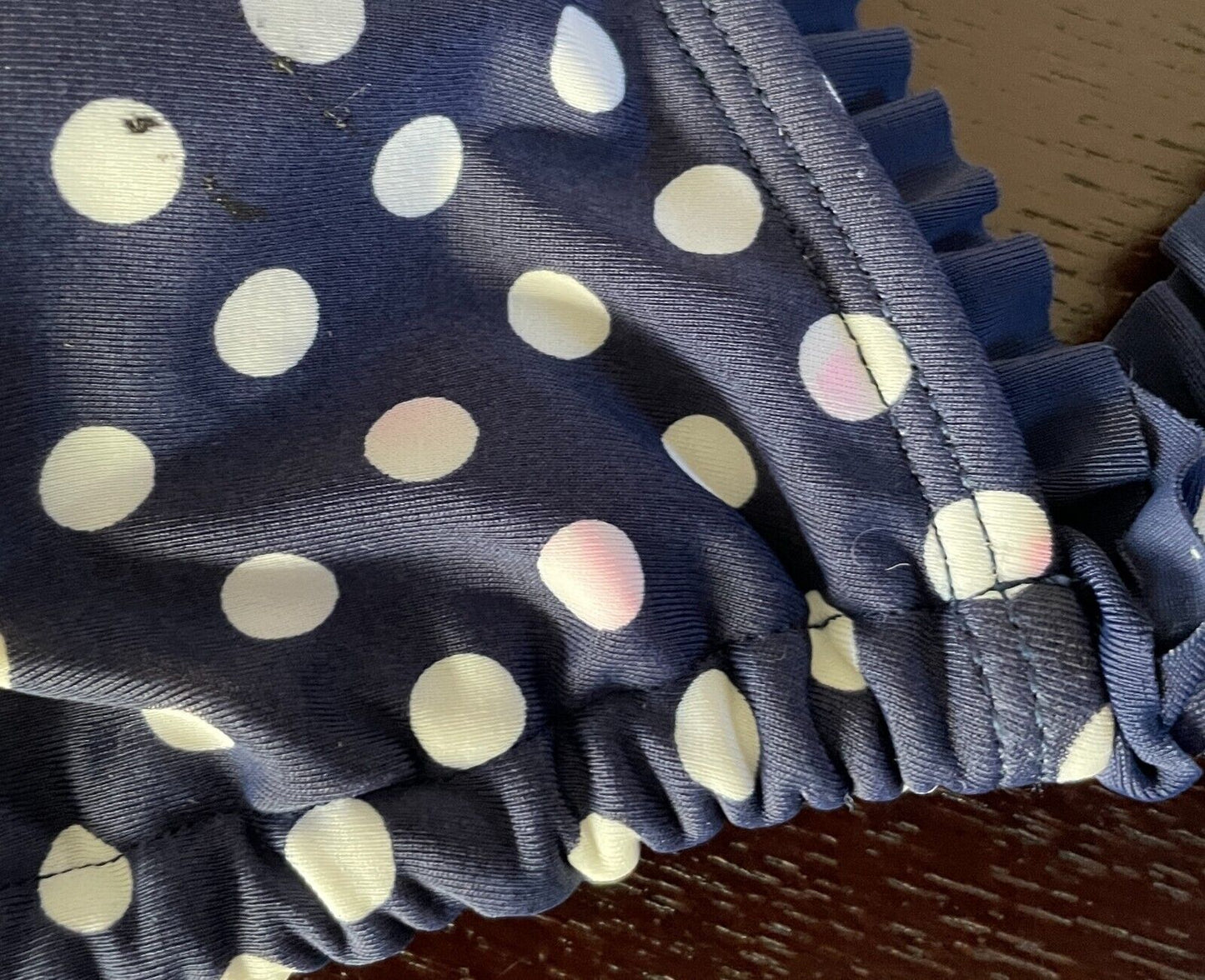 ALL ABOUT EVE Bikini Top Navy White Polka Dot Ruffle Triangle BRA ONLY Sz 12
