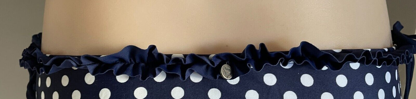 ALL ABOUT EVE Bikini Pants Navy White Polka Dot Side Tie Frill Bottoms Sz 12 NEW
