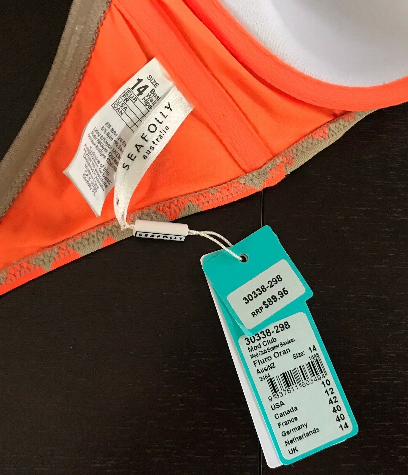 SEAFOLLY Mod Club Bandeau Top Fluoro Orange Zig Zag Print DD Size 14 NEW
