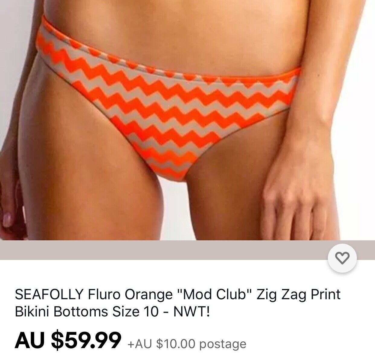 SEAFOLLY Mod Club Bandeau Top Fluoro Orange Zig Zag Print DD Size 14 NEW