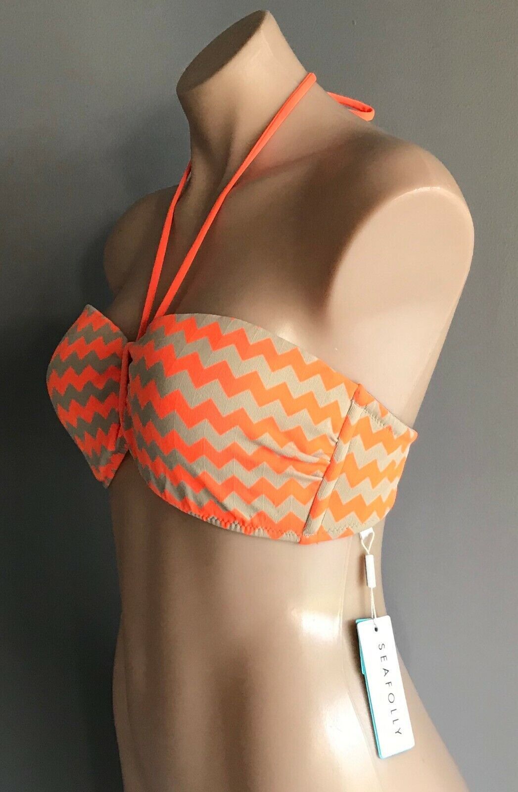 SEAFOLLY Mod Club Bandeau Top Fluoro Orange Zig Zag Print DD Size 14 NEW