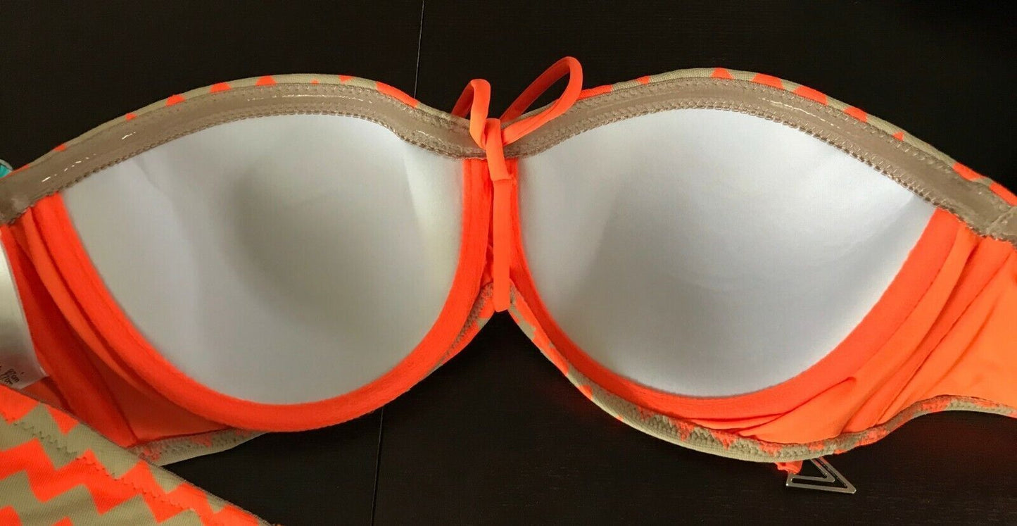 SEAFOLLY Mod Club Bandeau Top Fluoro Orange Zig Zag Print DD Size 14 NEW