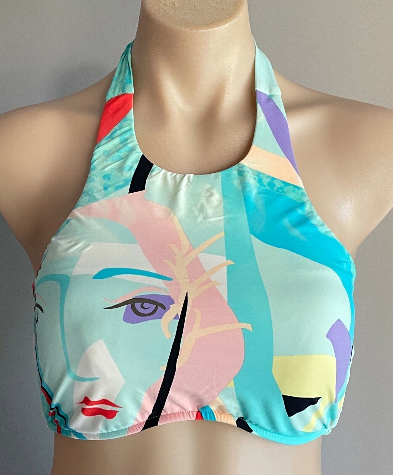 SEAFOLLY Bikini Top Face It High Neck Graphic Print Halter Tank Size 10