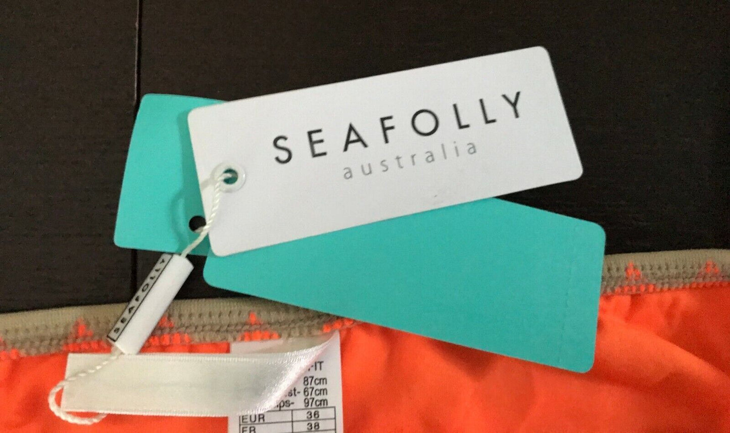SEAFOLLY Bikini Bottoms Fluoro Orange Mod Club Zig Zag Pants ONLY Size 10 NEW