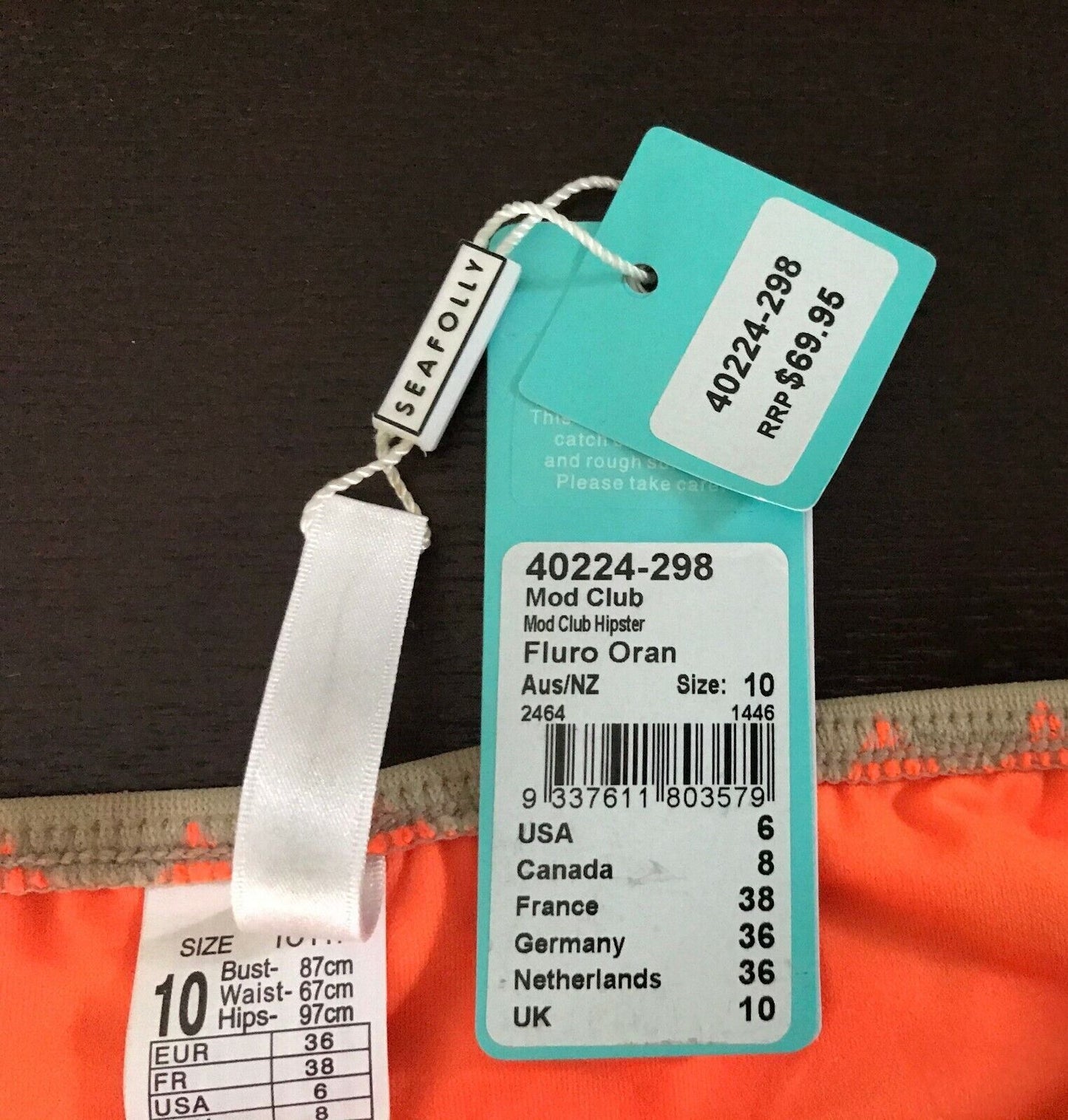 SEAFOLLY Bikini Bottoms Fluoro Orange Mod Club Zig Zag Pants ONLY Size 10 NEW