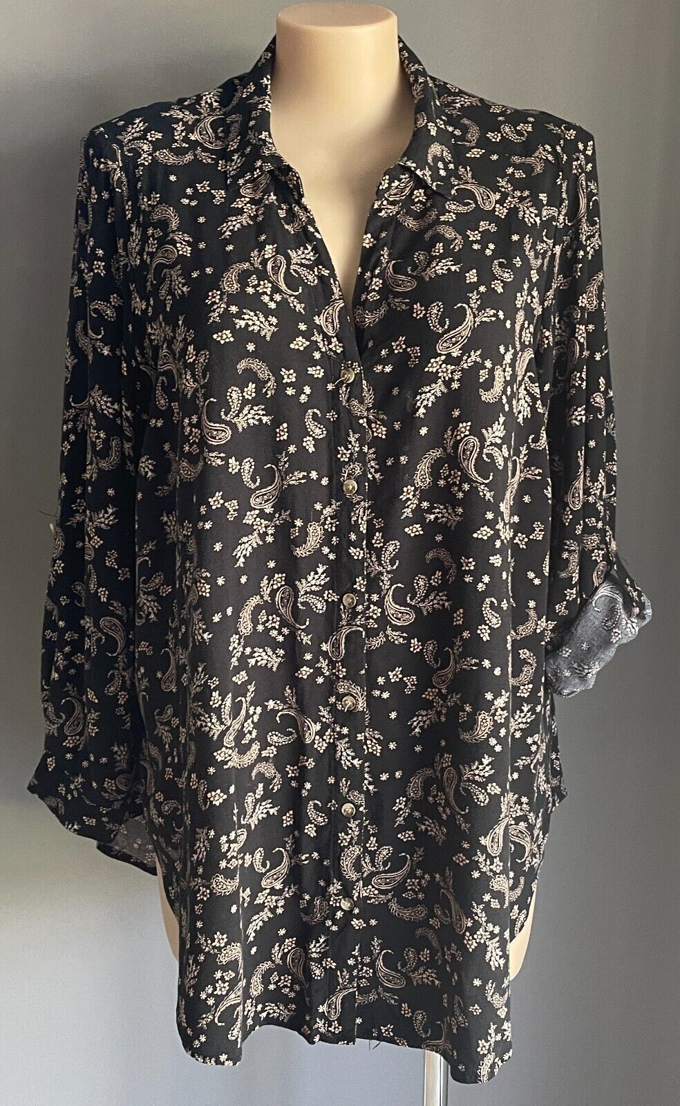 BEME Blouse Black Blush Pink Paisley Adjust Sleeve Hi Low Hem Top Plus Size 20