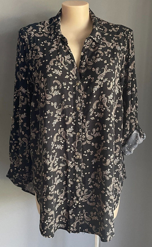 BEME Blouse Black Blush Pink Paisley Adjust Sleeve Hi Low Hem Top Plus Size 20