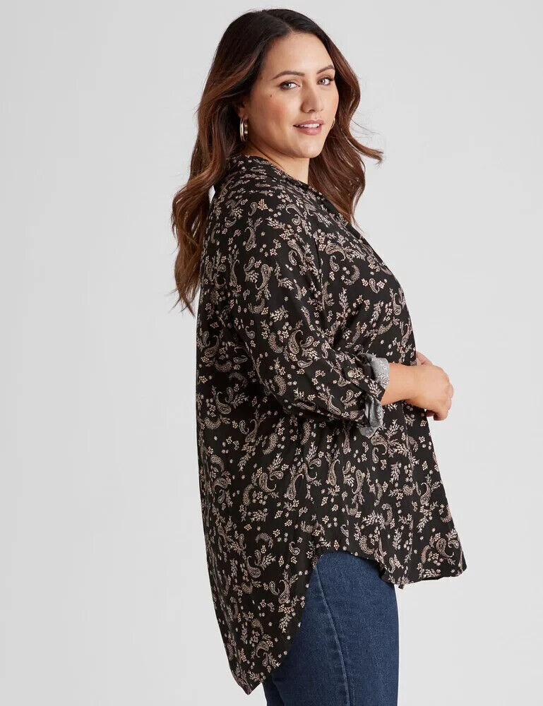 BEME Blouse Black Blush Pink Paisley Adjust Sleeve Hi Low Hem Top Plus Size 20
