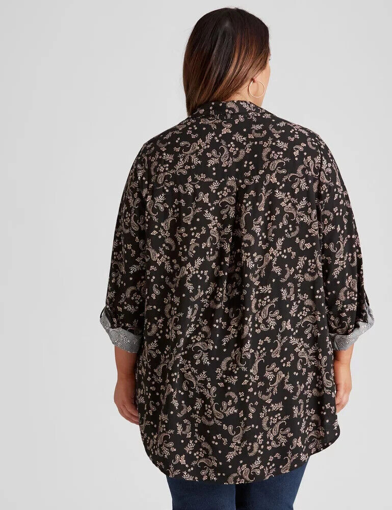 BEME Blouse Black Blush Pink Paisley Adjust Sleeve Hi Low Hem Top Plus Size 20