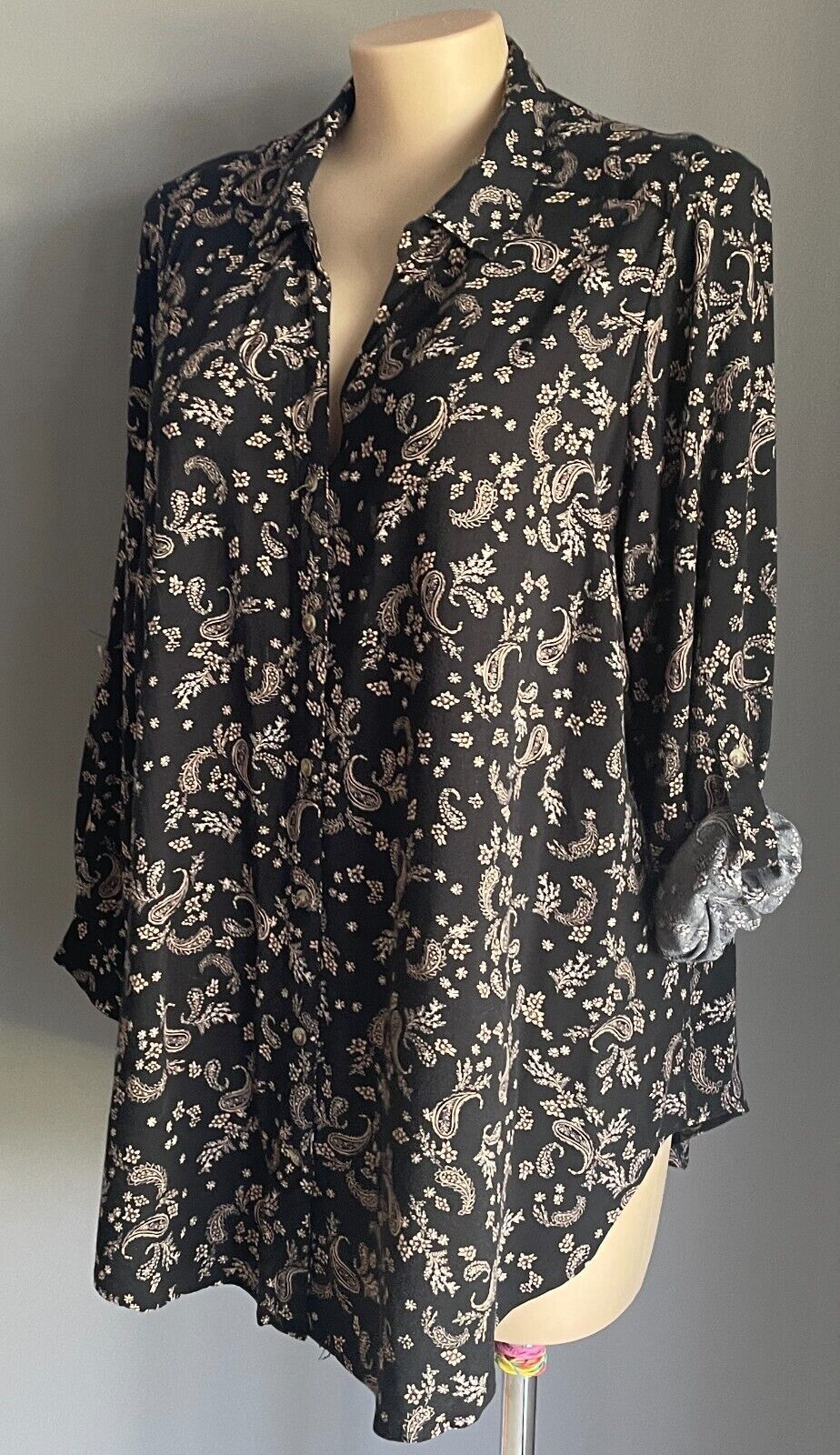 BEME Blouse Black Blush Pink Paisley Adjust Sleeve Hi Low Hem Top Plus Size 20