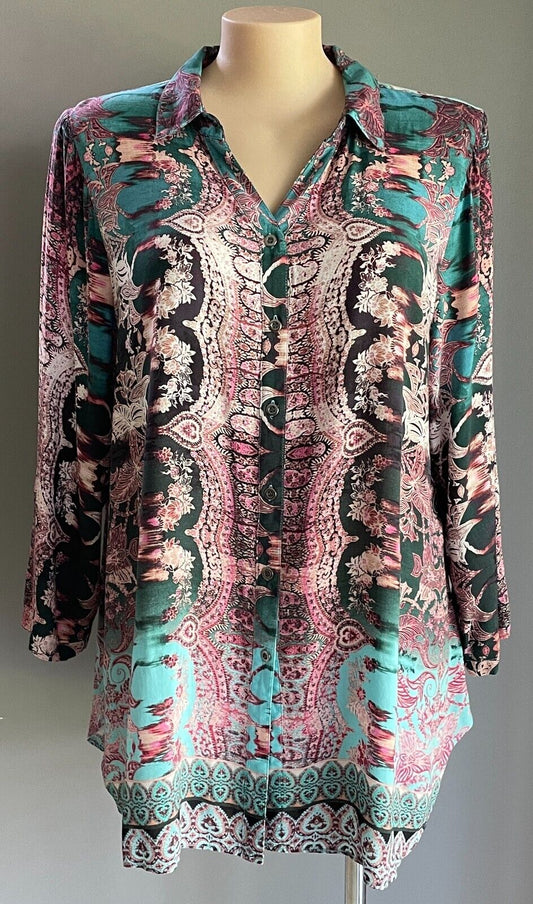 BEME Blouse Colourful Print Adjustable Sleeves Collar Button Front Plus Size 20