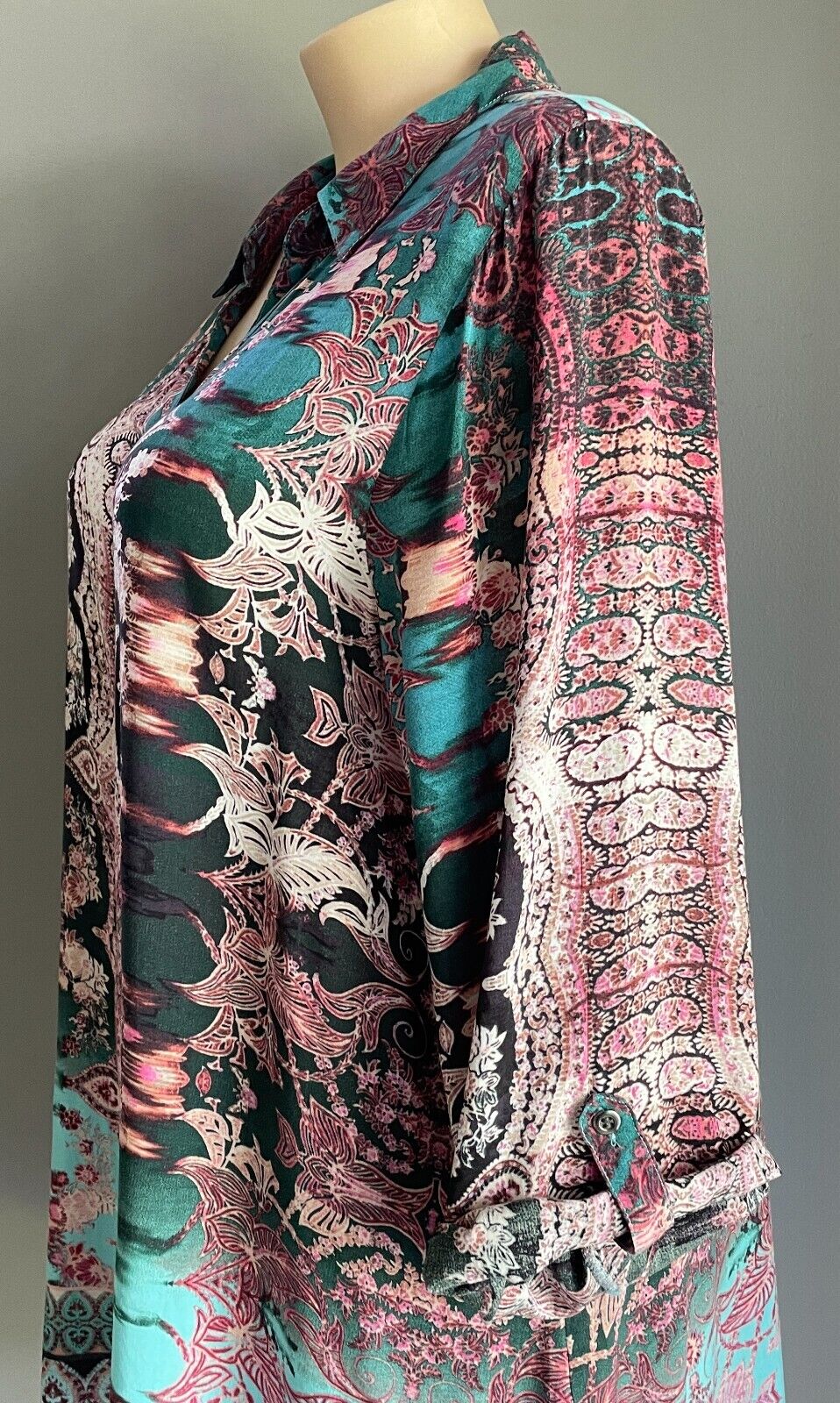 BEME Blouse Colourful Print Adjustable Sleeves Collar Button Front Plus Size 20