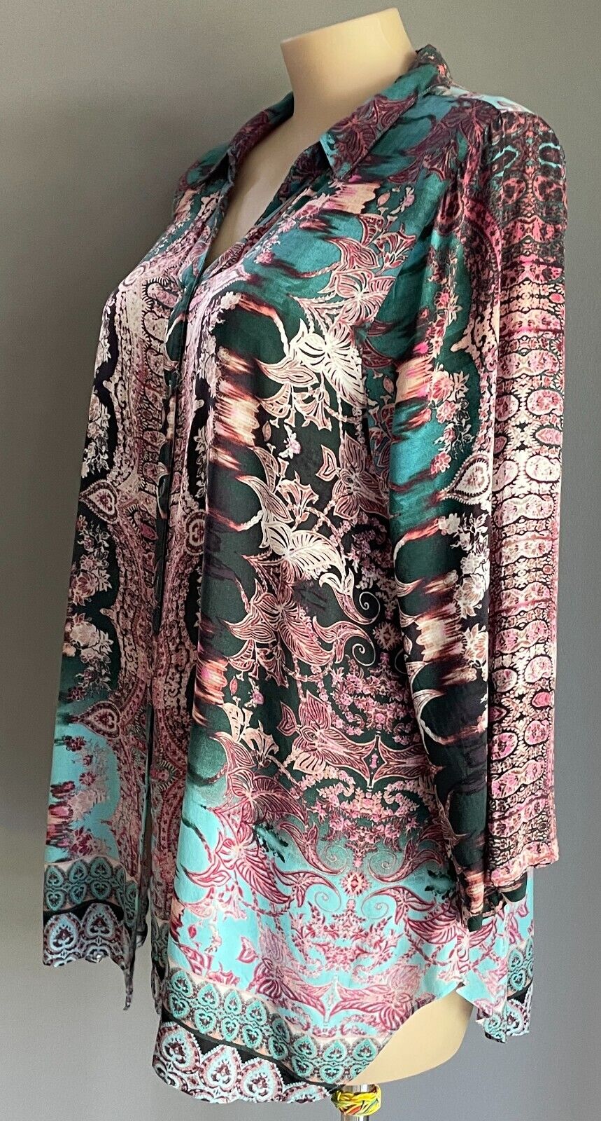 BEME Blouse Colourful Print Adjustable Sleeves Collar Button Front Plus Size 20