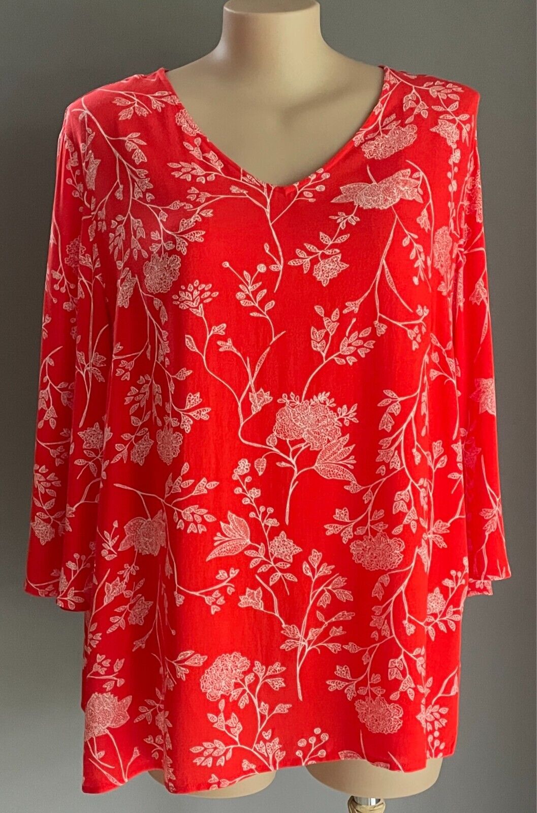 BEME Top Orange and White Floral Print  V-Neck 3/4 Sleeve Plus Size 22