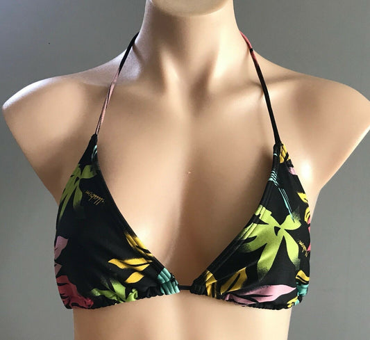 BILLABONG Bikini Top Triangle Black Floral Print Sz 14 Beach Pool Surf BRA ONLY