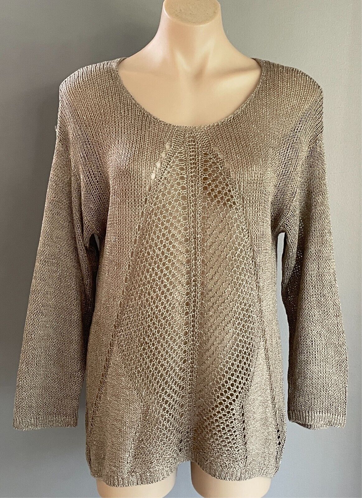 APT. 9 Knit Jumper Gold Decorative Open Stitch Size L Long Sleeves Hi-Lo Hem