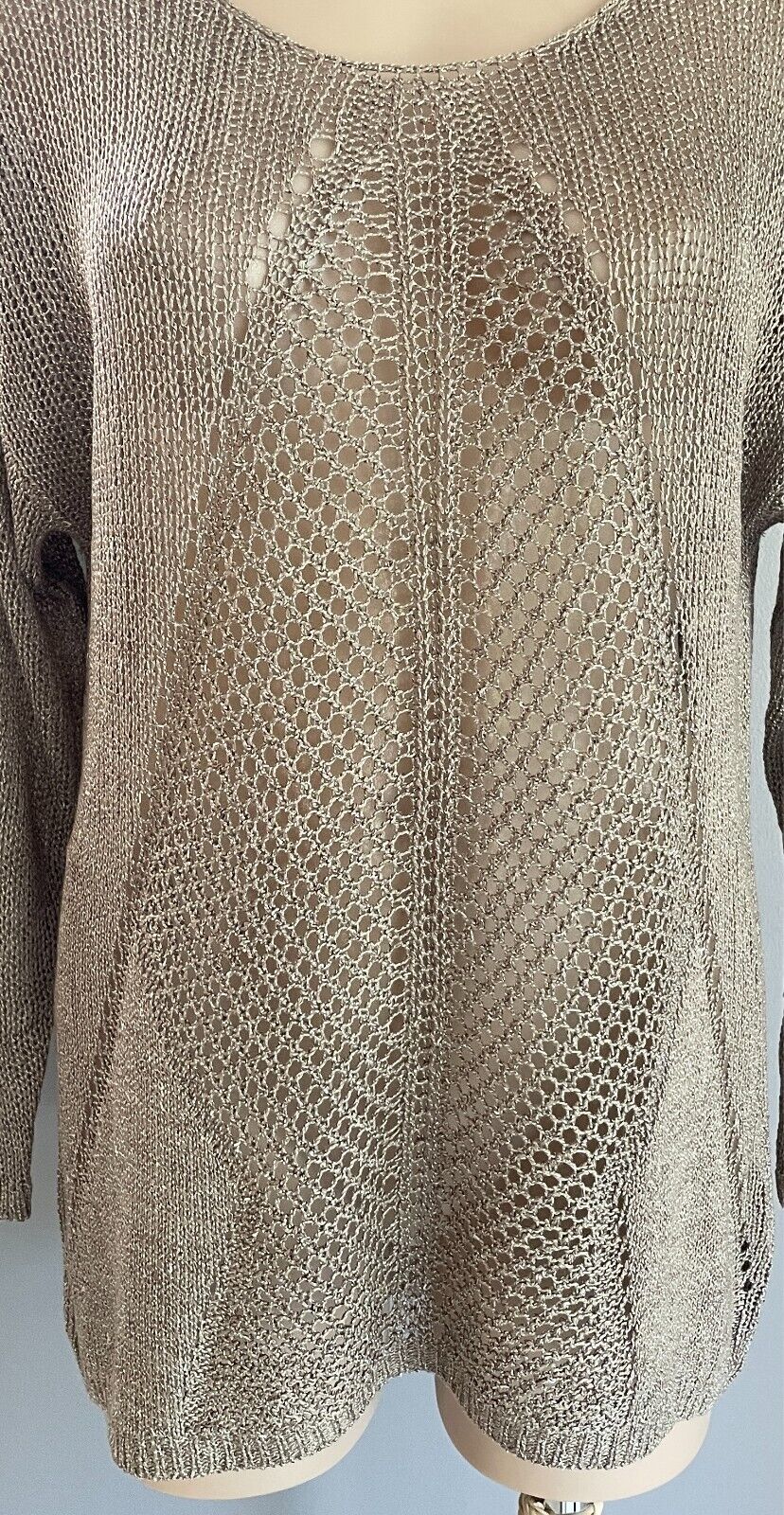 APT. 9 Knit Jumper Gold Decorative Open Stitch Size L Long Sleeves Hi-Lo Hem