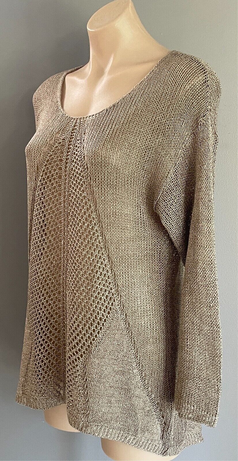 APT. 9 Knit Jumper Gold Decorative Open Stitch Size L Long Sleeves Hi-Lo Hem