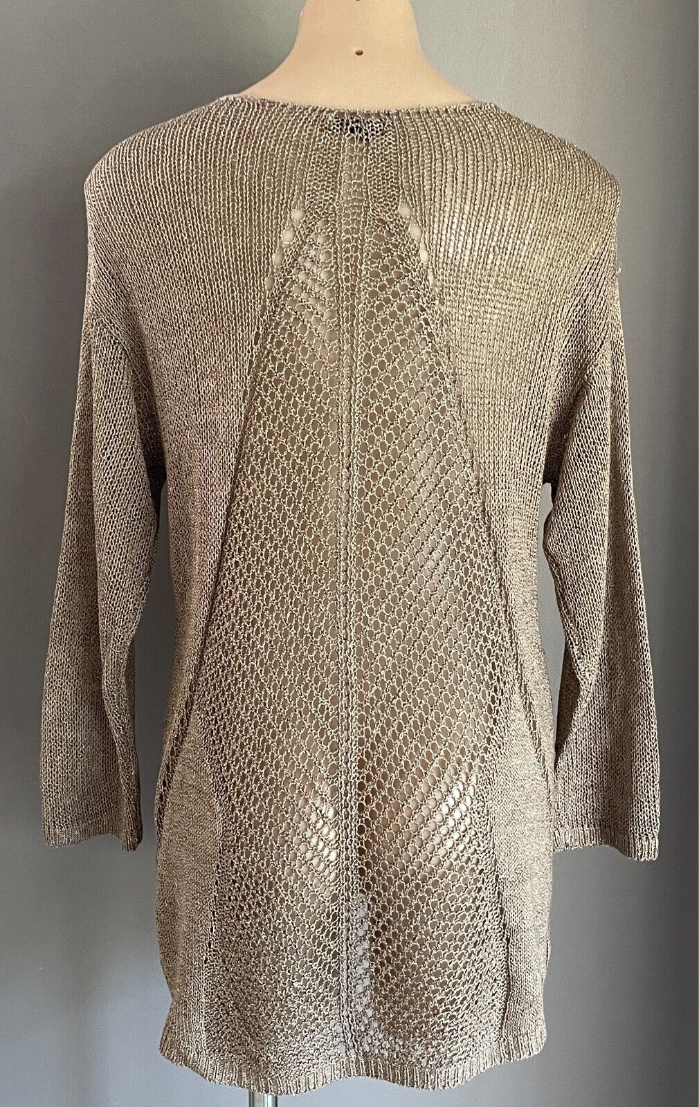 APT. 9 Knit Jumper Gold Decorative Open Stitch Size L Long Sleeves Hi-Lo Hem