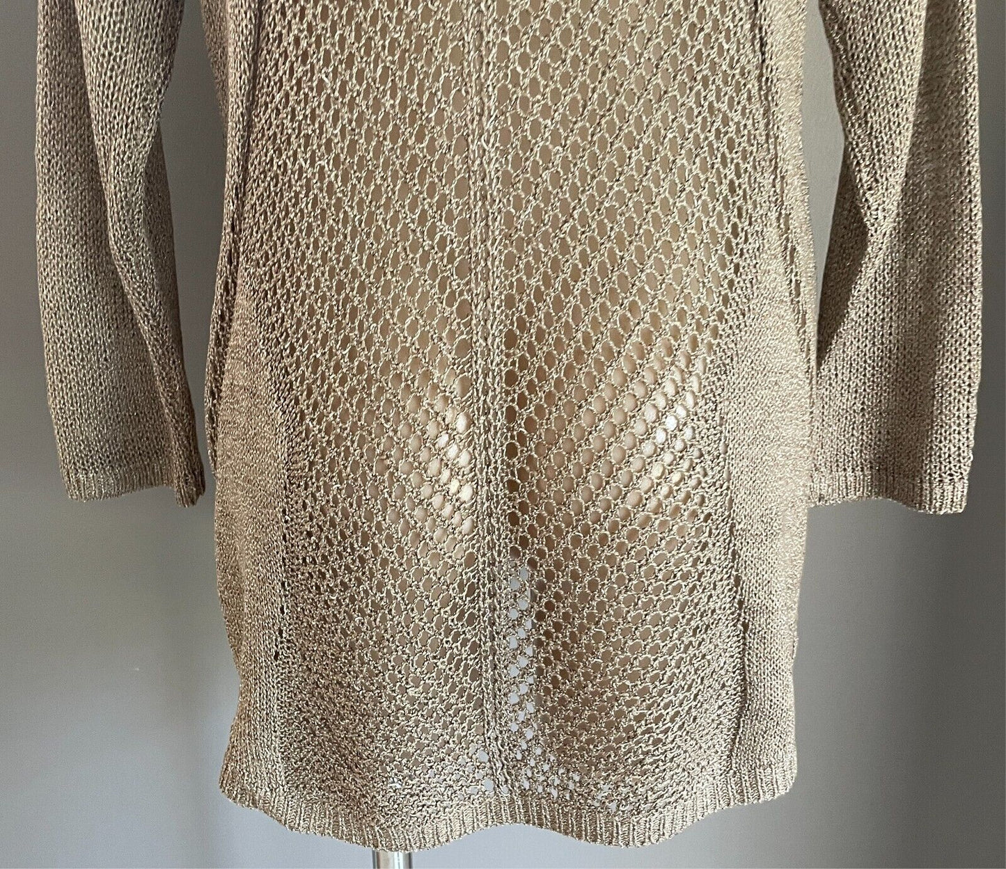 APT. 9 Knit Jumper Gold Decorative Open Stitch Size L Long Sleeves Hi-Lo Hem