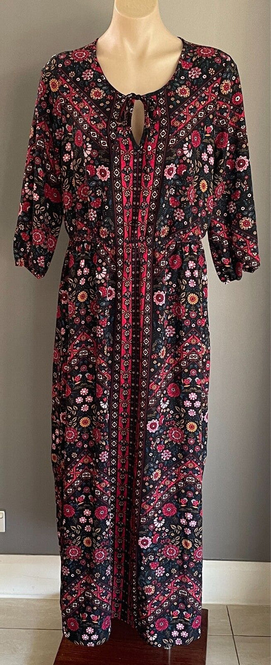Boho Maxi Dress Black & Floral Print Size 14 Split At Sides 3/4 Sleeves