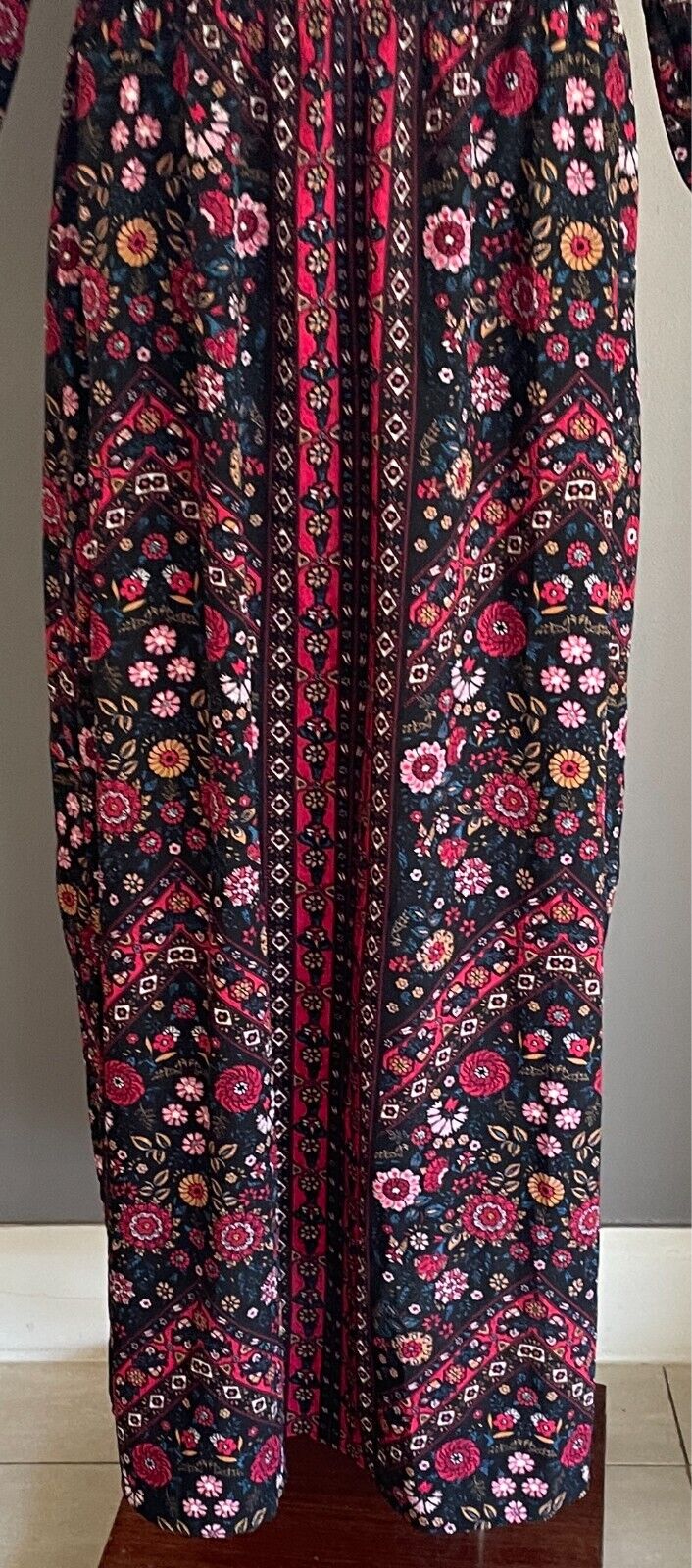 Boho Maxi Dress Black & Floral Print Size 14 Split At Sides 3/4 Sleeves