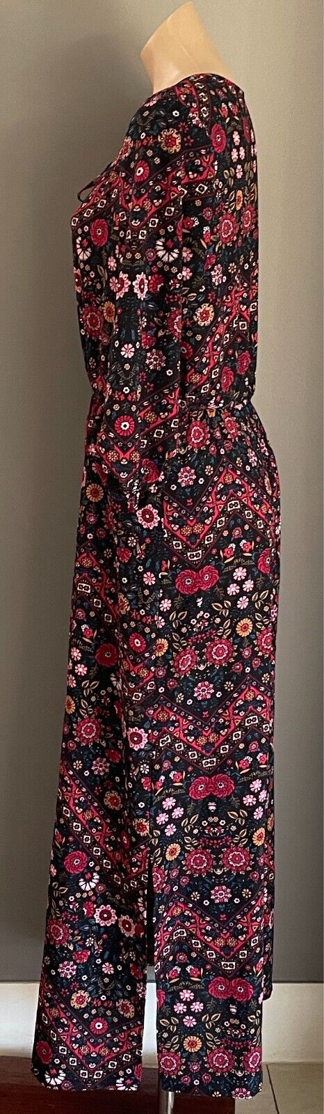Boho Maxi Dress Black & Floral Print Size 14 Split At Sides 3/4 Sleeves