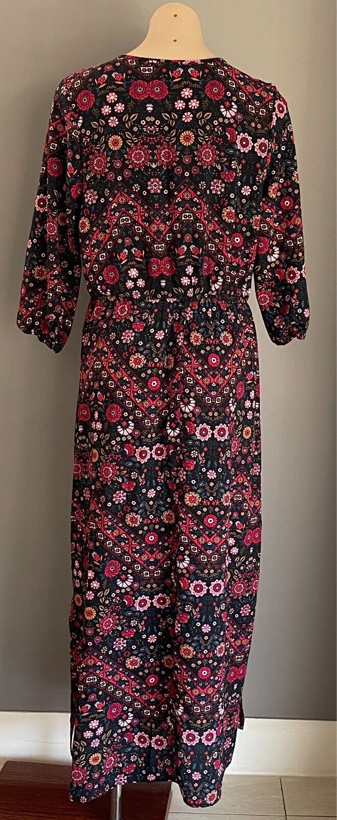Boho Maxi Dress Black & Floral Print Size 14 Split At Sides 3/4 Sleeves
