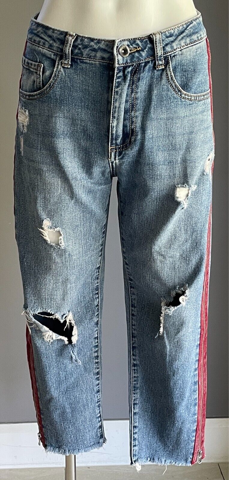 Denim Jeans Cropped Ripped and Distressed Side Zippers Frayed Red Trim Size S 8