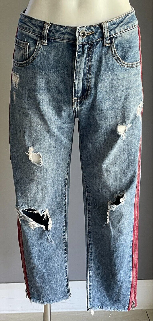 Denim Jeans Cropped Ripped and Distressed Side Zippers Frayed Red Trim Size S 8