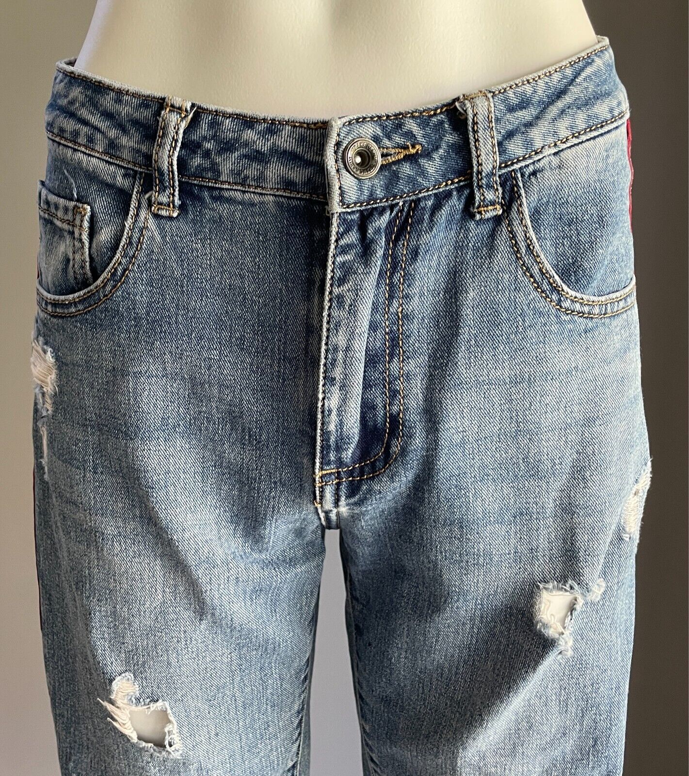 Denim Jeans Cropped Ripped and Distressed Side Zippers Frayed Red Trim Size S 8