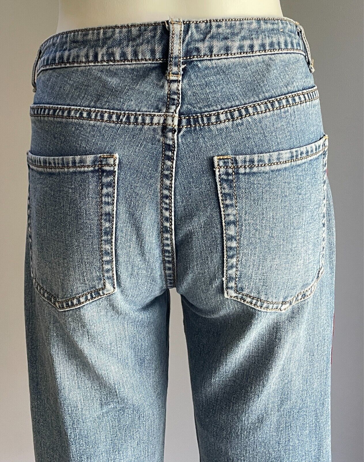 Denim Jeans Cropped Ripped and Distressed Side Zippers Frayed Red Trim Size S 8