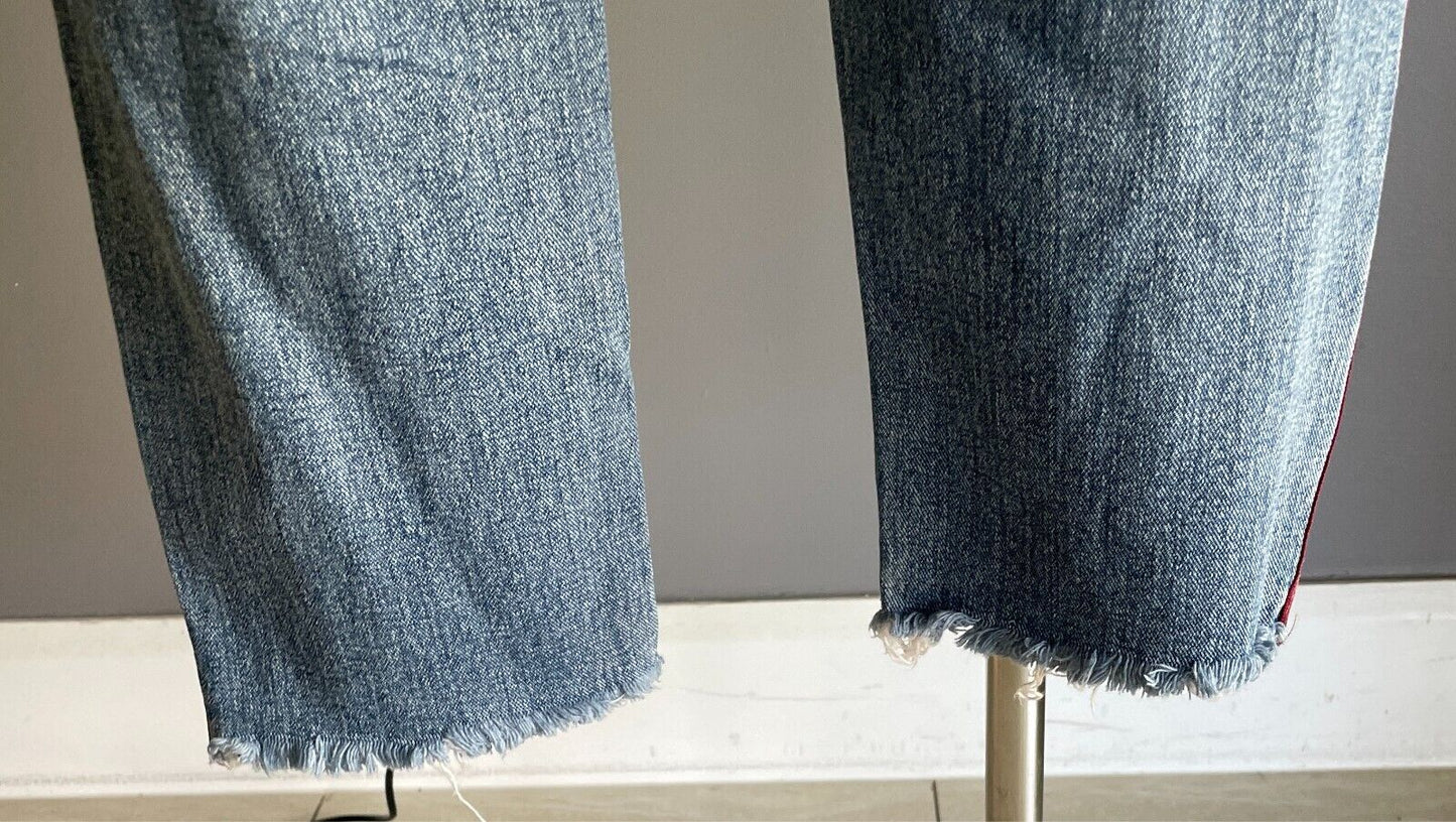 Denim Jeans Cropped Ripped and Distressed Side Zippers Frayed Red Trim Size S 8