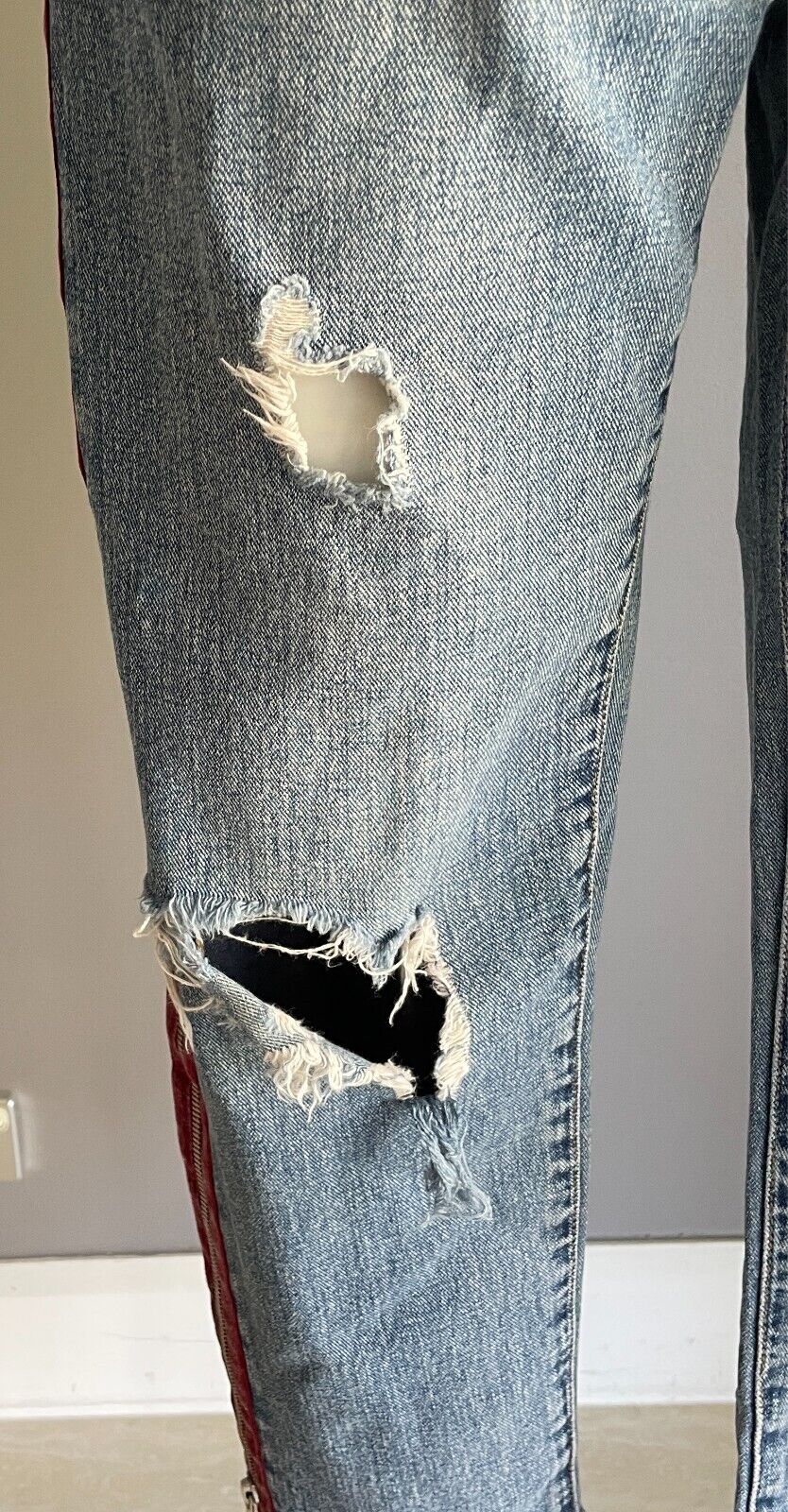Denim Jeans Cropped Ripped and Distressed Side Zippers Frayed Red Trim Size S 8