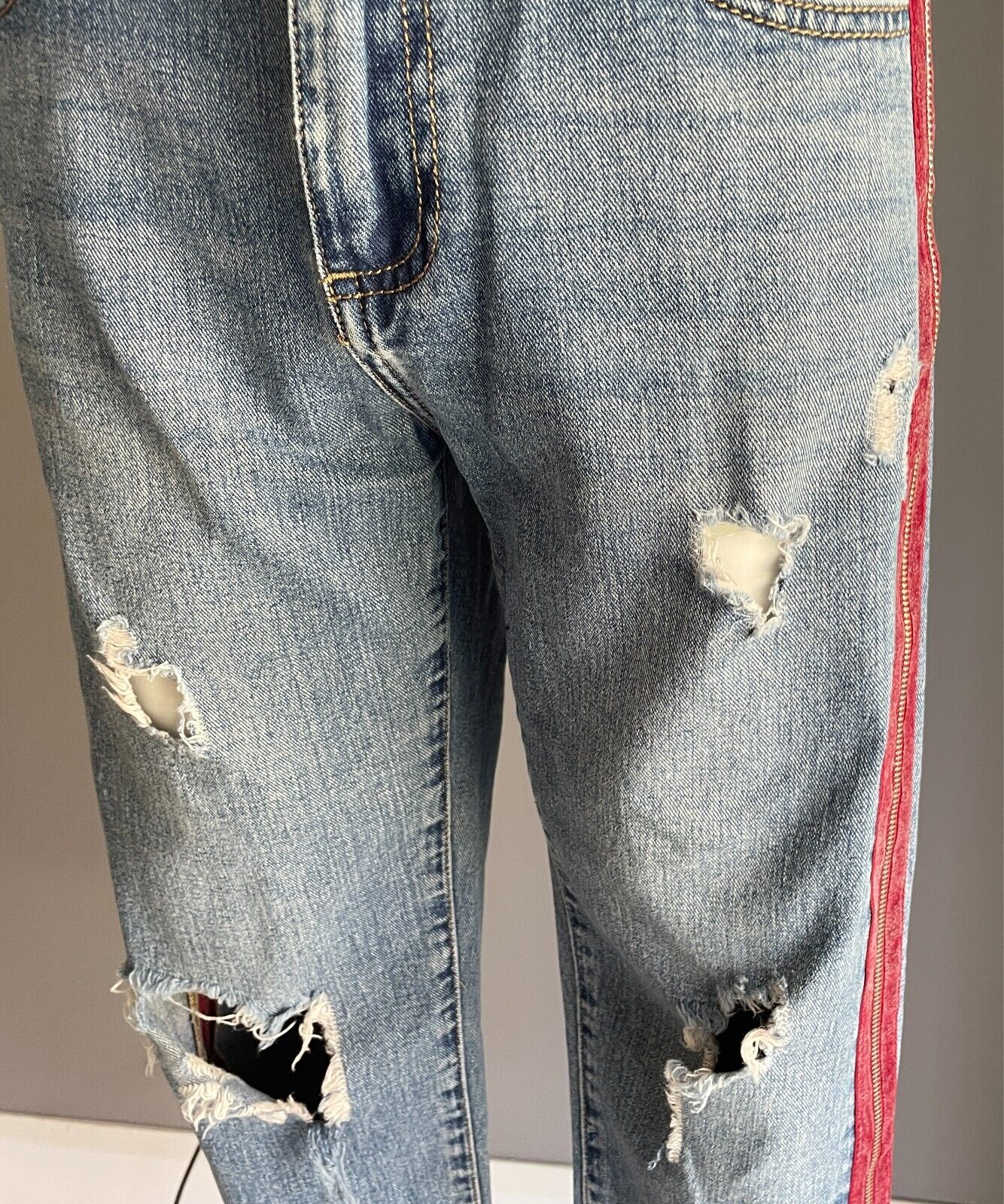 Denim Jeans Cropped Ripped and Distressed Side Zippers Frayed Red Trim Size S 8