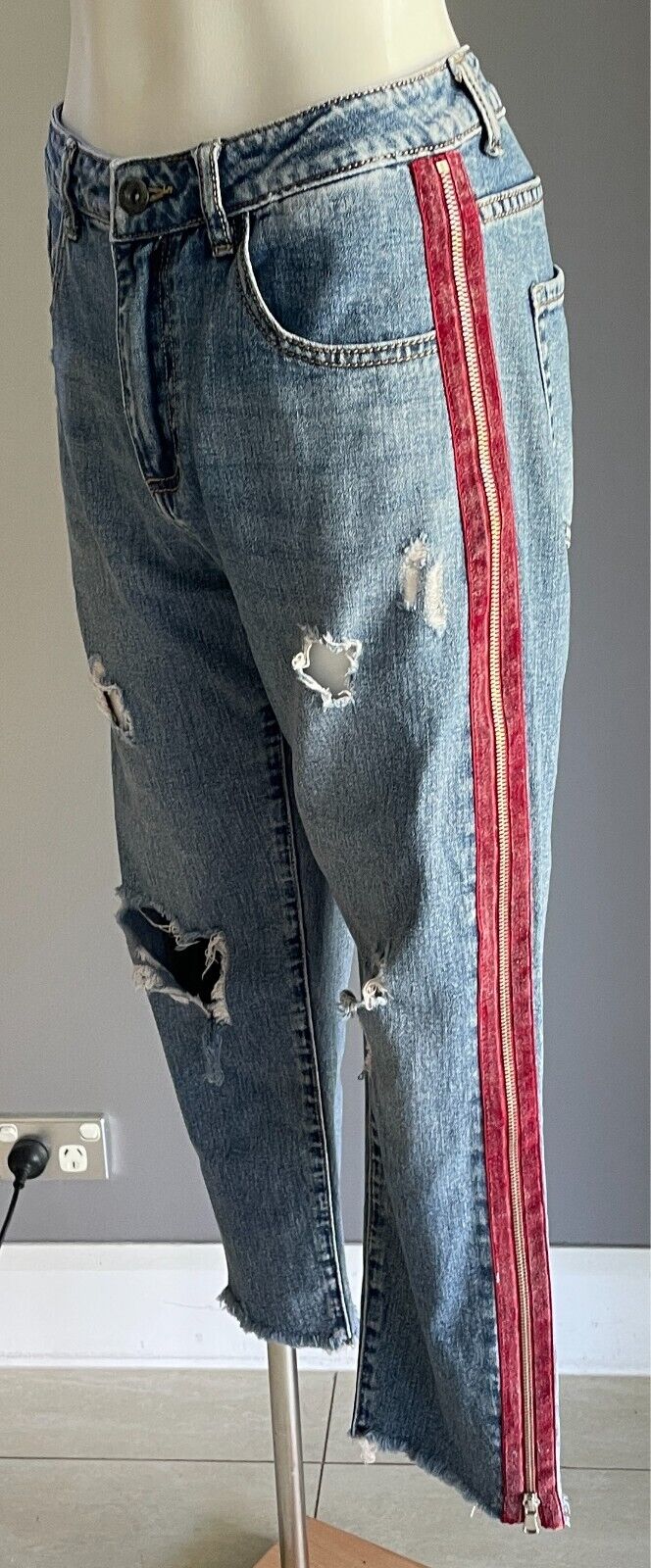 Denim Jeans Cropped Ripped and Distressed Side Zippers Frayed Red Trim Size S 8
