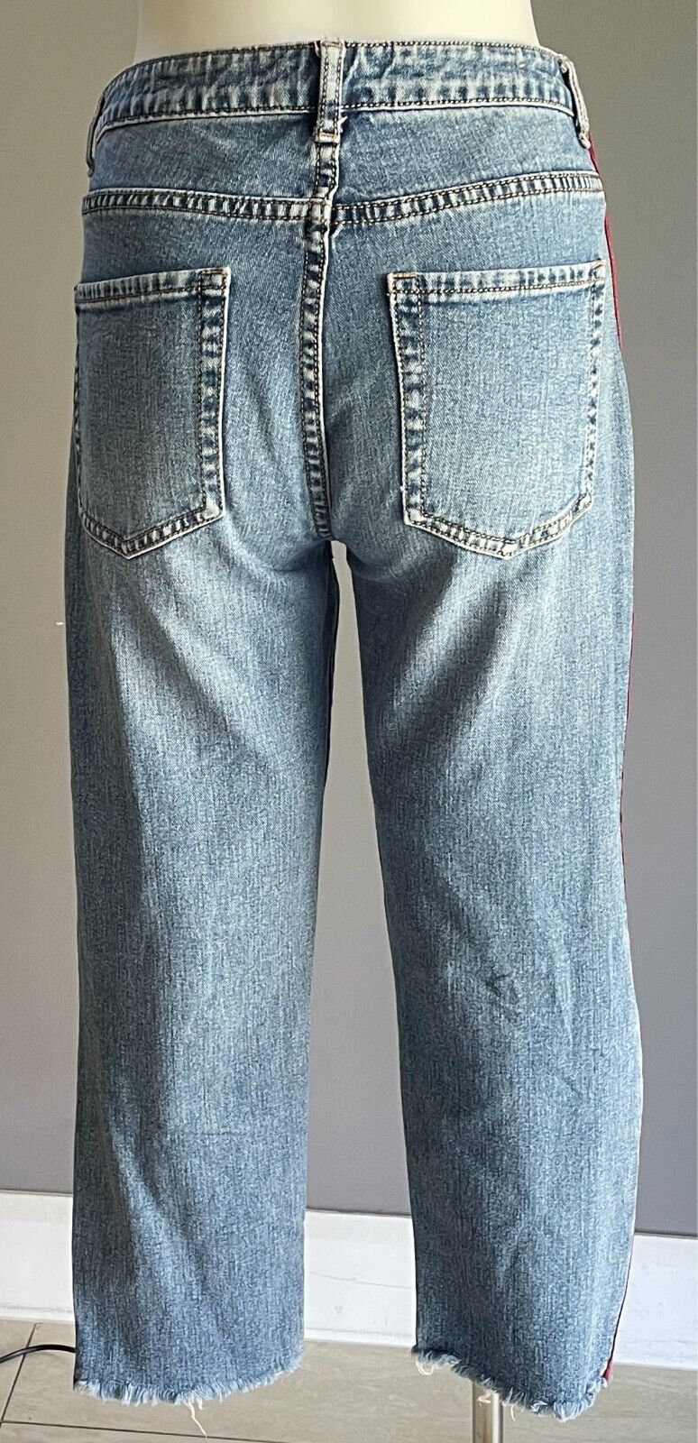 Denim Jeans Cropped Ripped and Distressed Side Zippers Frayed Red Trim Size S 8