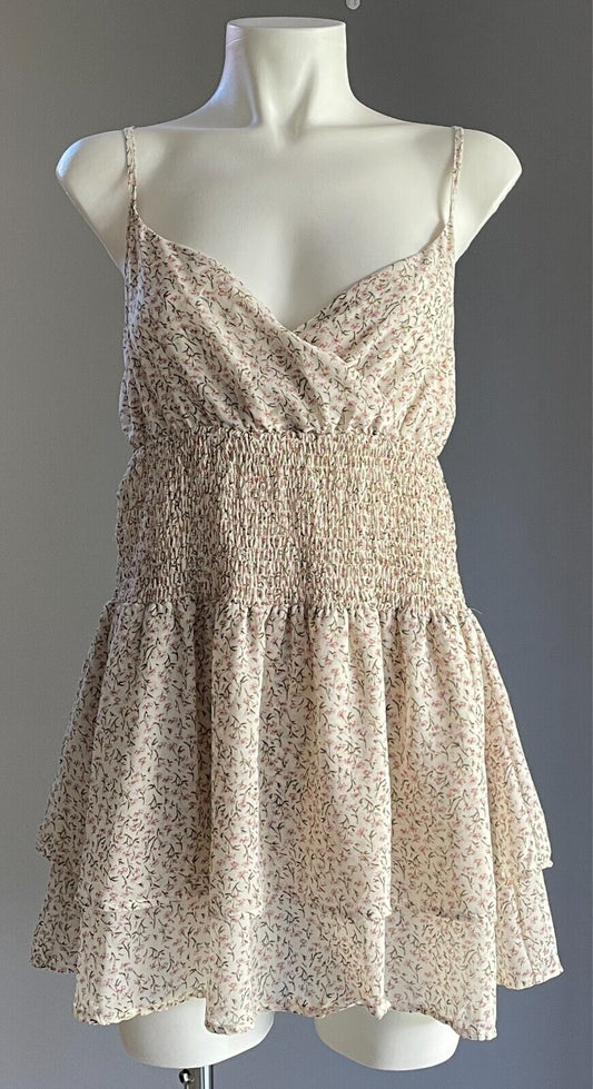 MY GIRL Mini Dress Cream Pink Green White Floral Size 8 Tier Hem Shirred Strappy