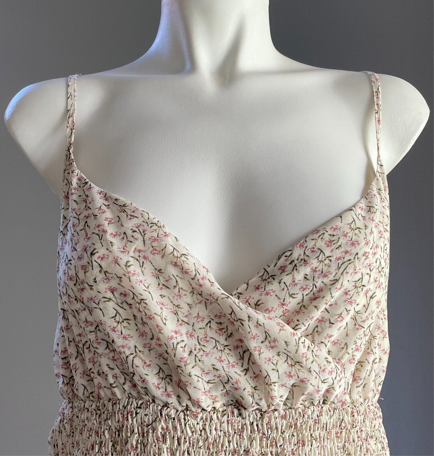 MY GIRL Mini Dress Cream Pink Green White Floral Size 8 Tier Hem Shirred Strappy
