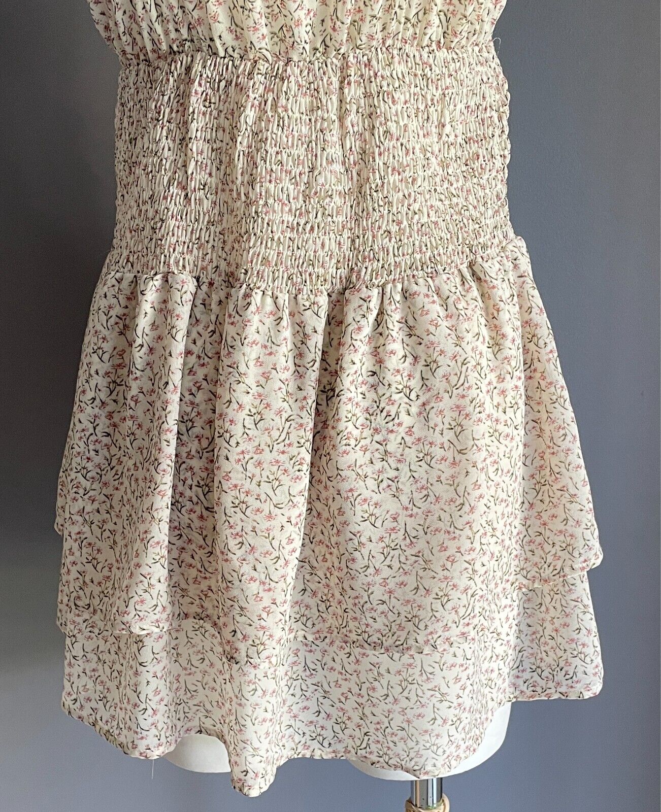 MY GIRL Mini Dress Cream Pink Green White Floral Size 8 Tier Hem Shirred Strappy