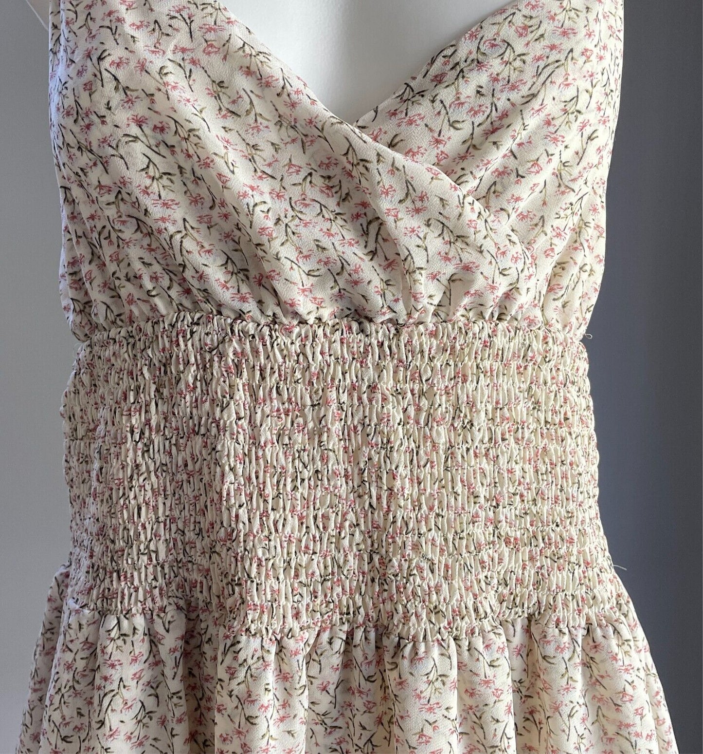MY GIRL Mini Dress Cream Pink Green White Floral Size 8 Tier Hem Shirred Strappy