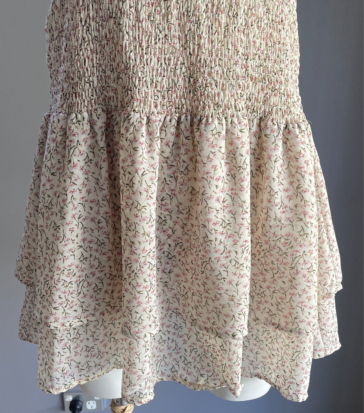 MY GIRL Mini Dress Cream Pink Green White Floral Size 8 Tier Hem Shirred Strappy