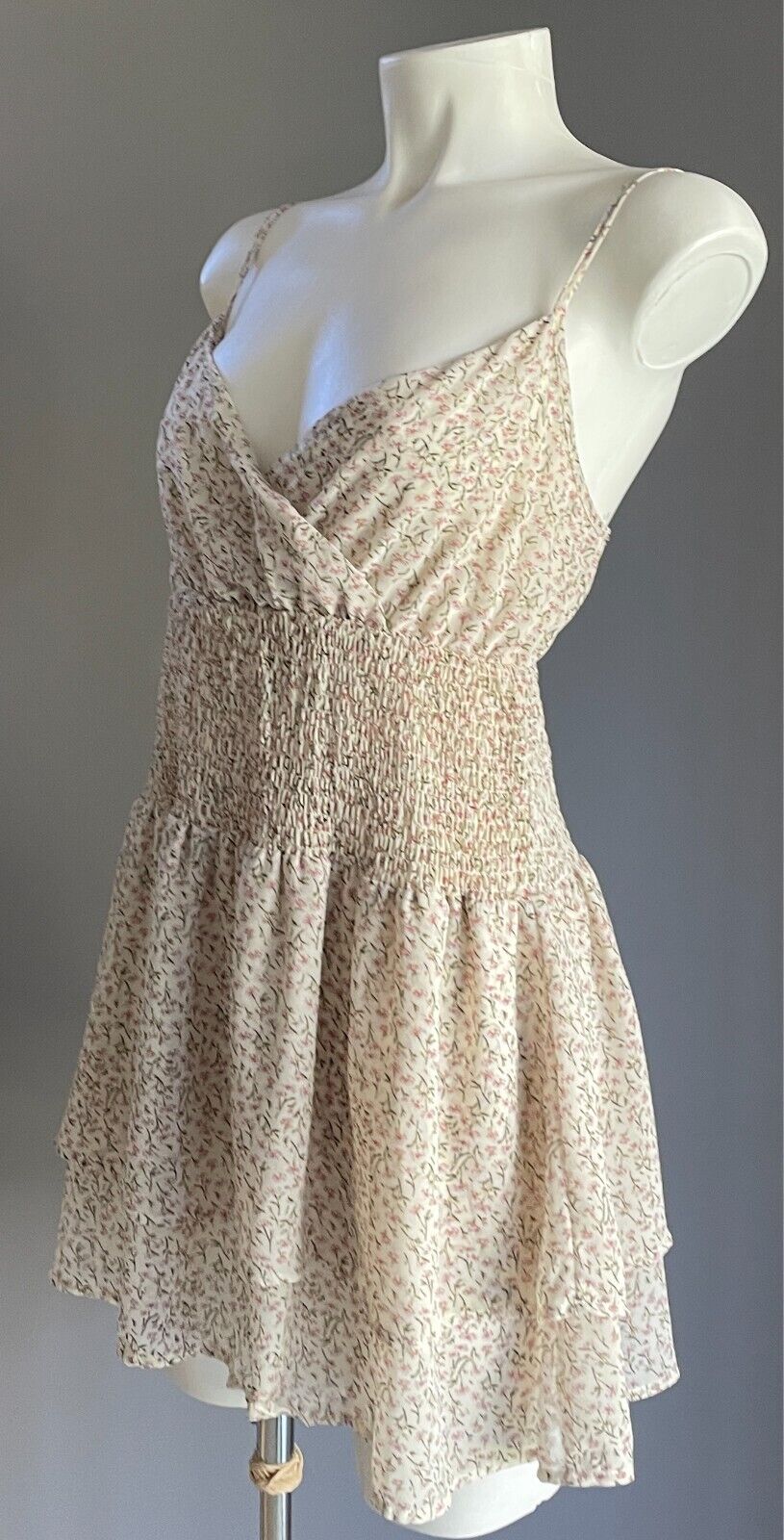 MY GIRL Mini Dress Cream Pink Green White Floral Size 8 Tier Hem Shirred Strappy